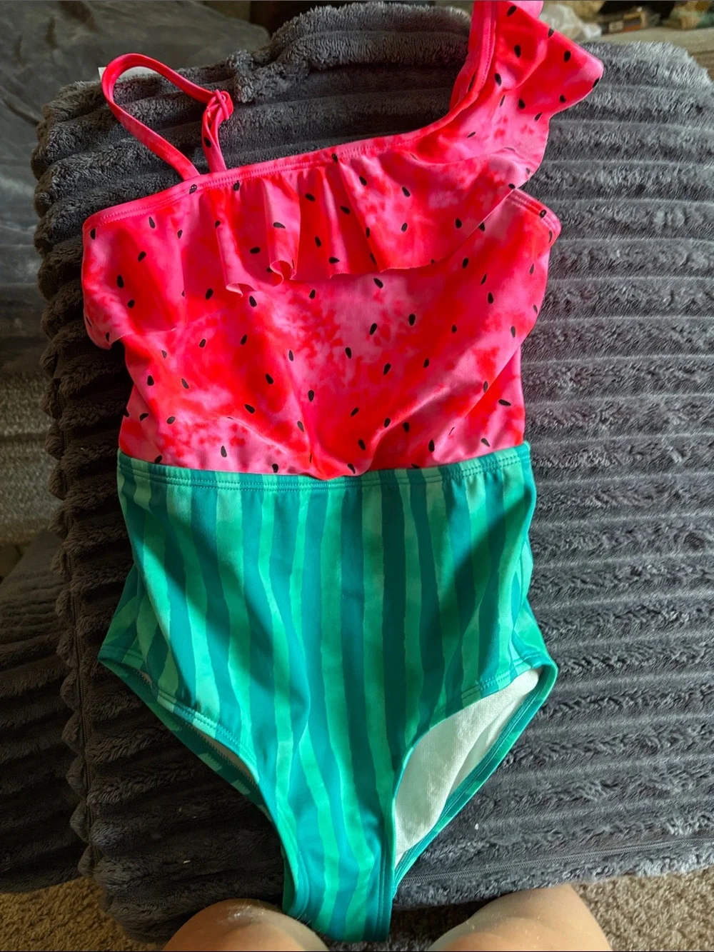 Cat & Jack Pink and Green Watermelon One-Shoulder Swimsuit